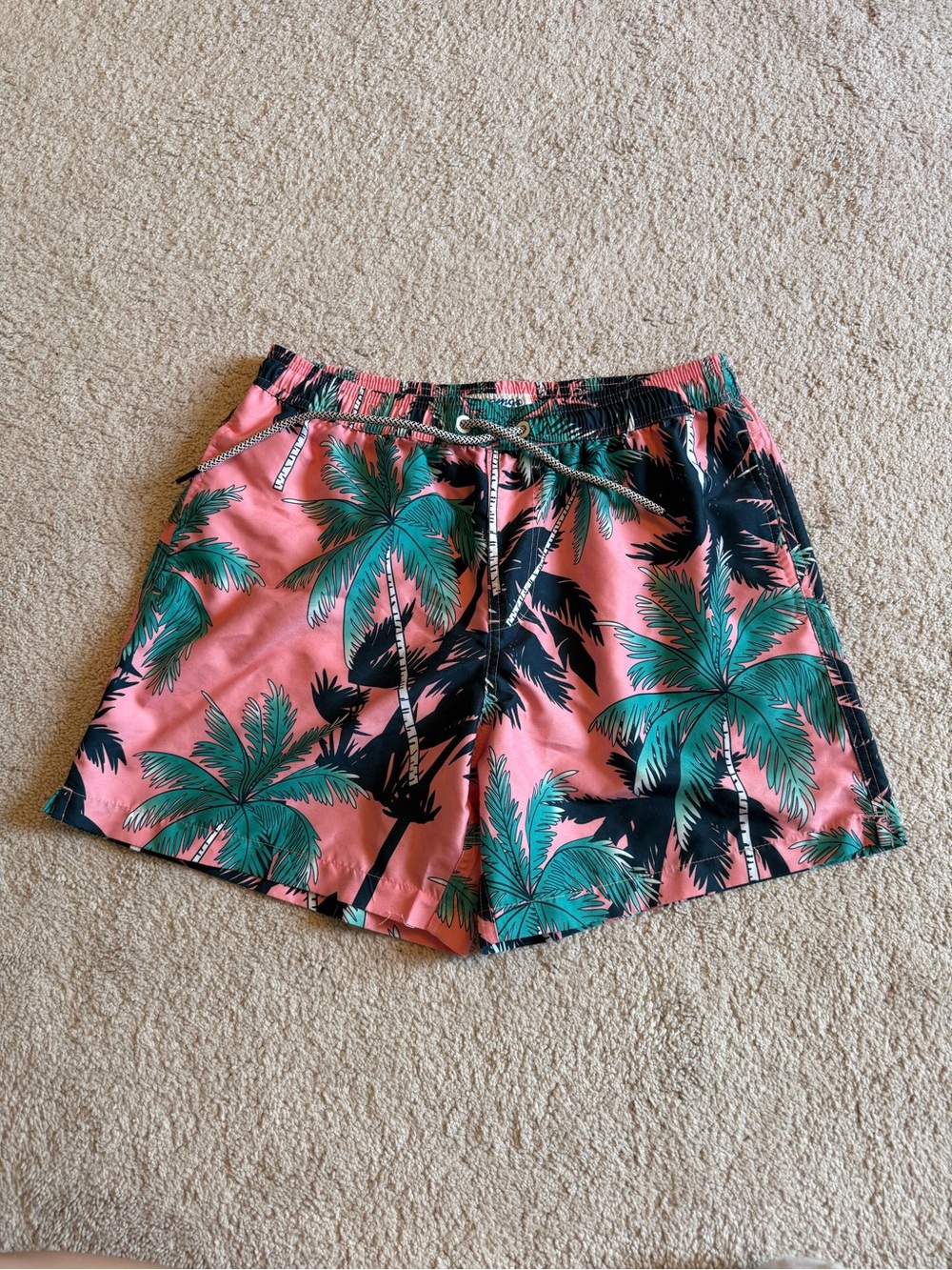 Men's Pink Palm-Print Swim Trunks with Green Palms